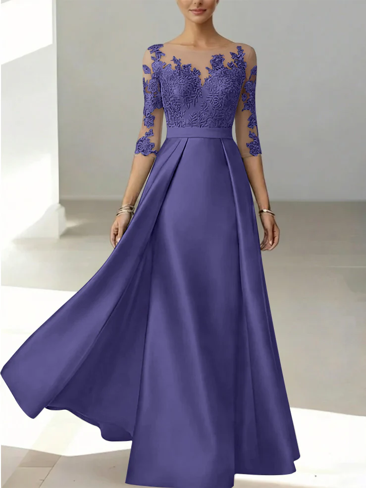 A-Line/Princess Scoop Satin Mother of the Bride Dresses 3/4 Sleeves Lace Floor-Length Floral - Image 34