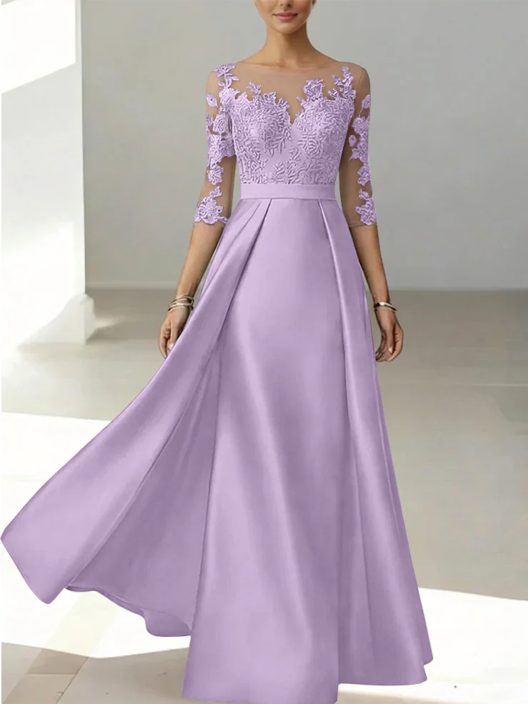A-Line/Princess Scoop Satin Mother of the Bride Dresses 3/4 Sleeves Lace Floor-Length Floral - Image 36