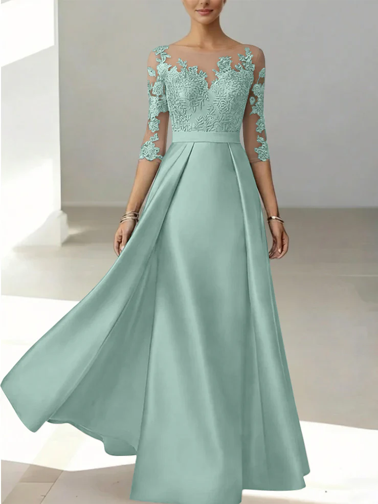 A-Line/Princess Scoop Satin Mother of the Bride Dresses 3/4 Sleeves Lace Floor-Length Floral - Image 37