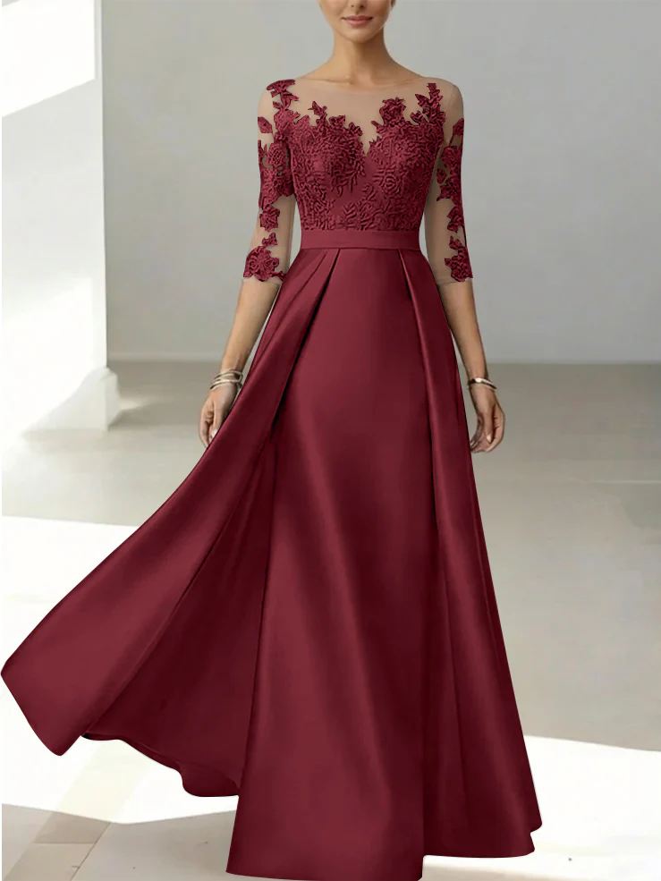 A-Line/Princess Scoop Satin Mother of the Bride Dresses 3/4 Sleeves Lace Floor-Length Floral - Image 38
