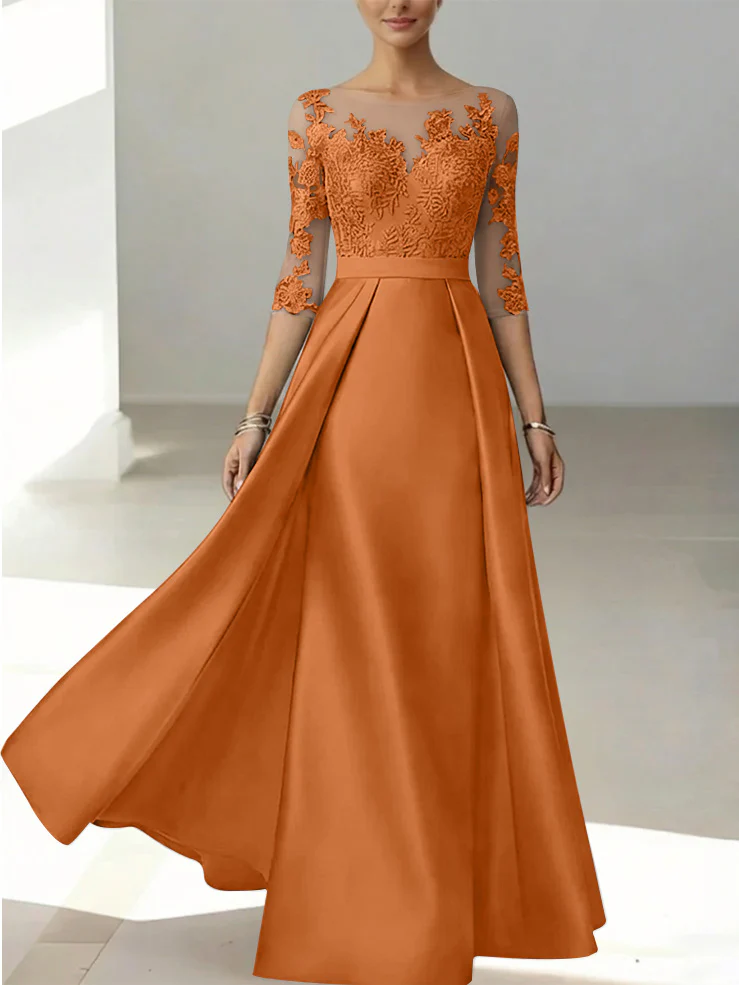 A-Line/Princess Scoop Satin Mother of the Bride Dresses 3/4 Sleeves Lace Floor-Length Floral - Image 40