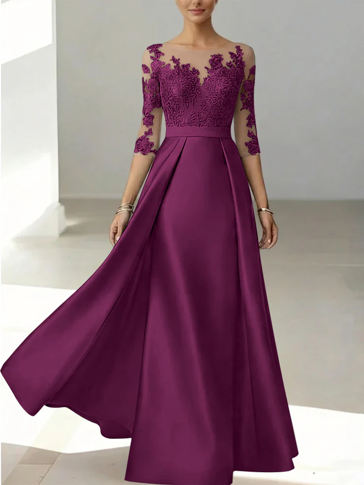 A-Line/Princess Scoop Satin Mother of the Bride Dresses 3/4 Sleeves Lace Floor-Length Floral - Image 41