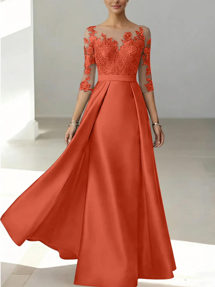 A-Line/Princess Scoop Satin Mother of the Bride Dresses 3/4 Sleeves Lace Floor-Length Floral - Image 42