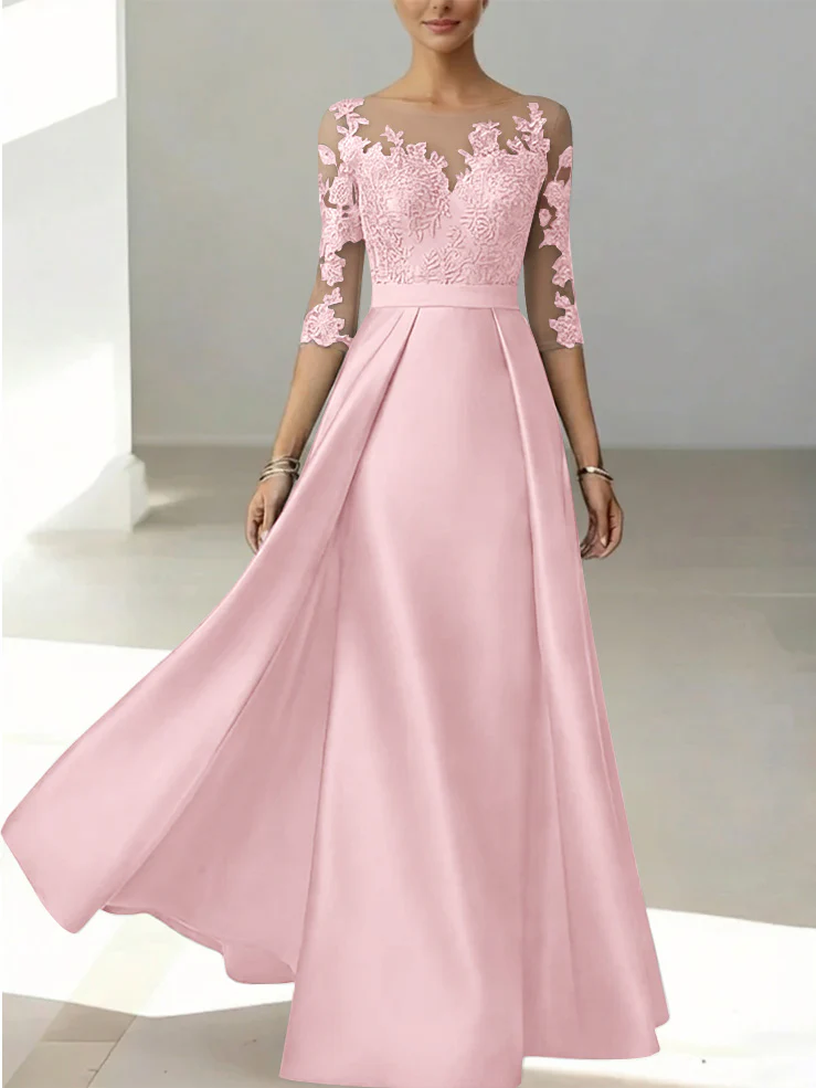 A-Line/Princess Scoop Satin Mother of the Bride Dresses 3/4 Sleeves Lace Floor-Length Floral - Image 43