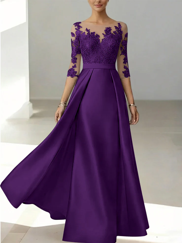 A-Line/Princess Scoop Satin Mother of the Bride Dresses 3/4 Sleeves Lace Floor-Length Floral - Image 44