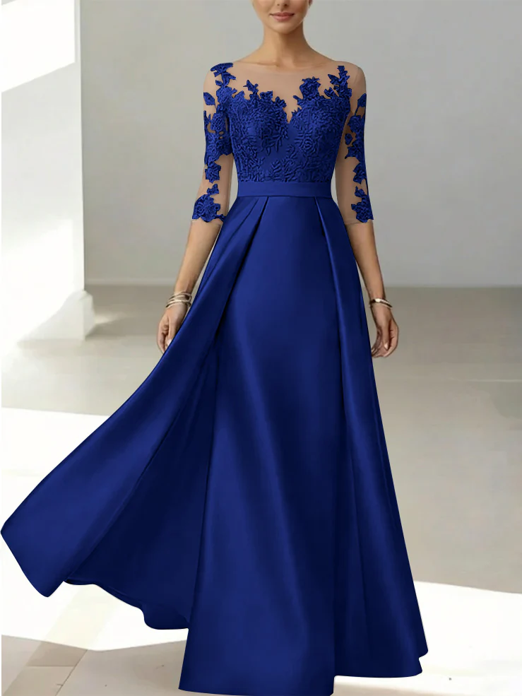 A-Line/Princess Scoop Satin Mother of the Bride Dresses 3/4 Sleeves Lace Floor-Length Floral - Image 47