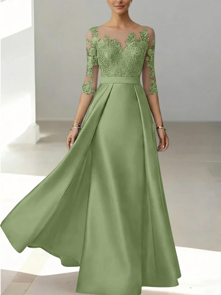 A-Line/Princess Scoop Satin Mother of the Bride Dresses 3/4 Sleeves Lace Floor-Length Floral - Image 48