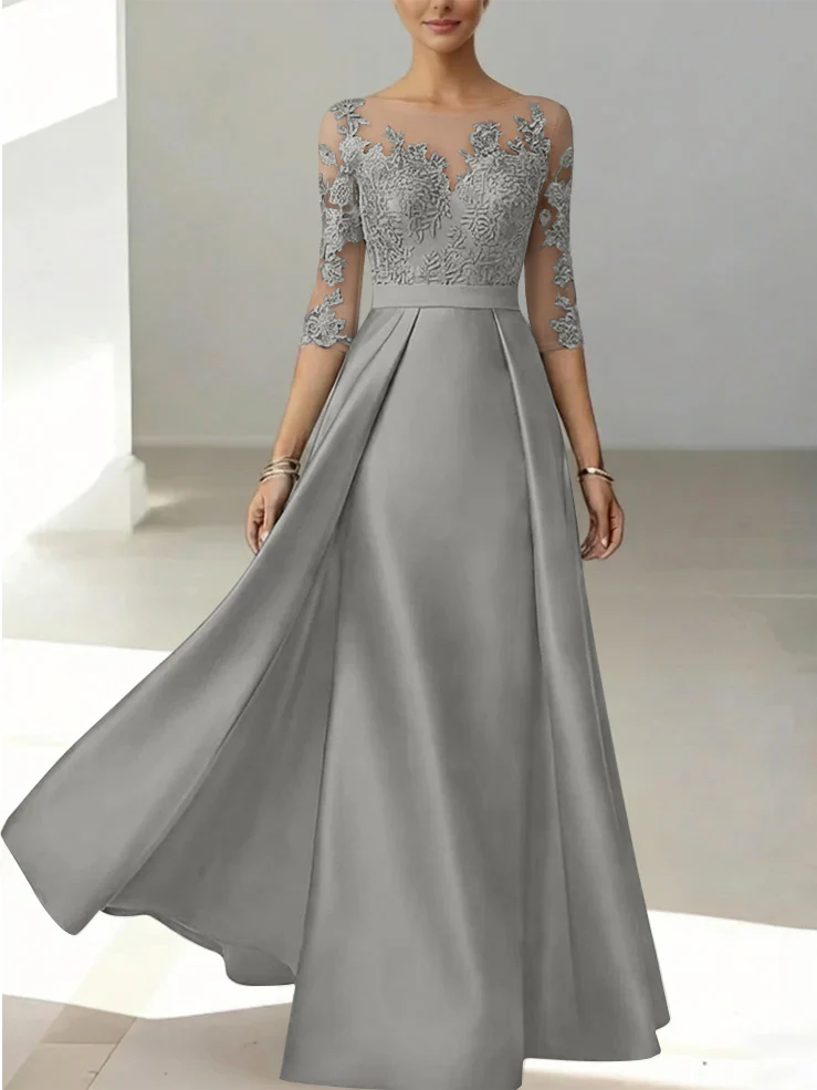 A-Line/Princess Scoop Satin Mother of the Bride Dresses 3/4 Sleeves Lace Floor-Length Floral - Image 49
