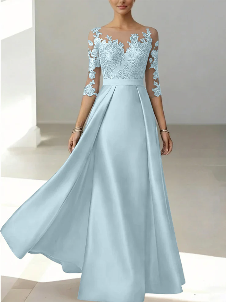 A-Line/Princess Scoop Satin Mother of the Bride Dresses 3/4 Sleeves Lace Floor-Length Floral - Image 50