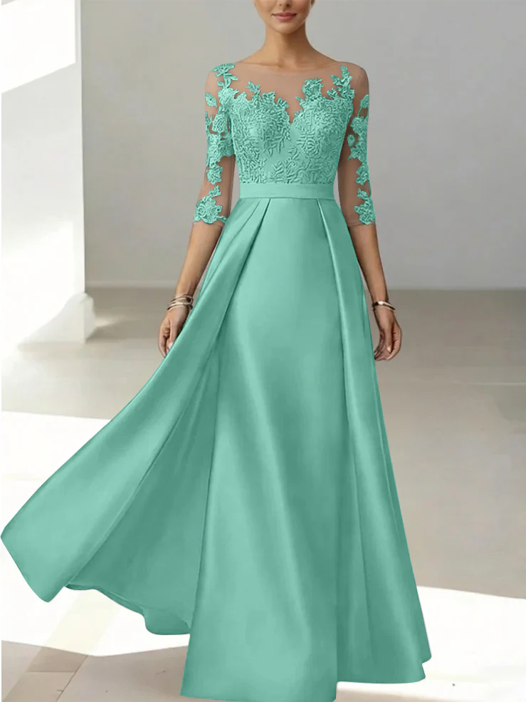 A-Line/Princess Scoop Satin Mother of the Bride Dresses 3/4 Sleeves Lace Floor-Length Floral - Image 51
