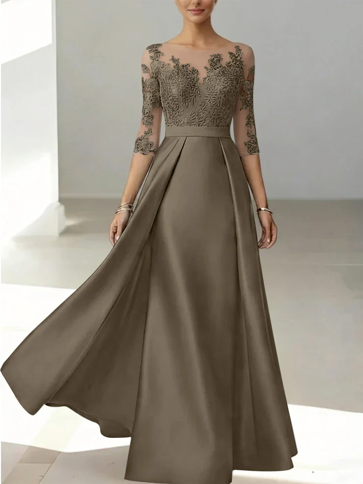 A-Line/Princess Scoop Satin Mother of the Bride Dresses 3/4 Sleeves Lace Floor-Length Floral - Image 53