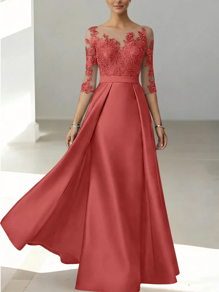 A-Line/Princess Scoop Satin Mother of the Bride Dresses 3/4 Sleeves Lace Floor-Length Floral - Image 54