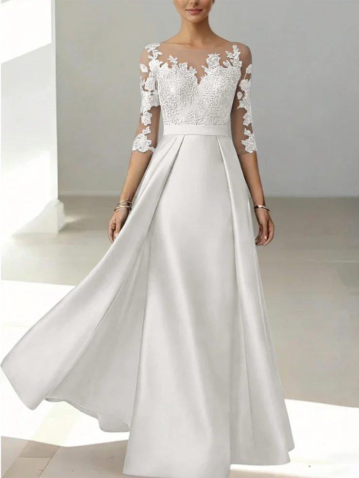 A-Line/Princess Scoop Satin Mother of the Bride Dresses 3/4 Sleeves Lace Floor-Length Floral - Image 55