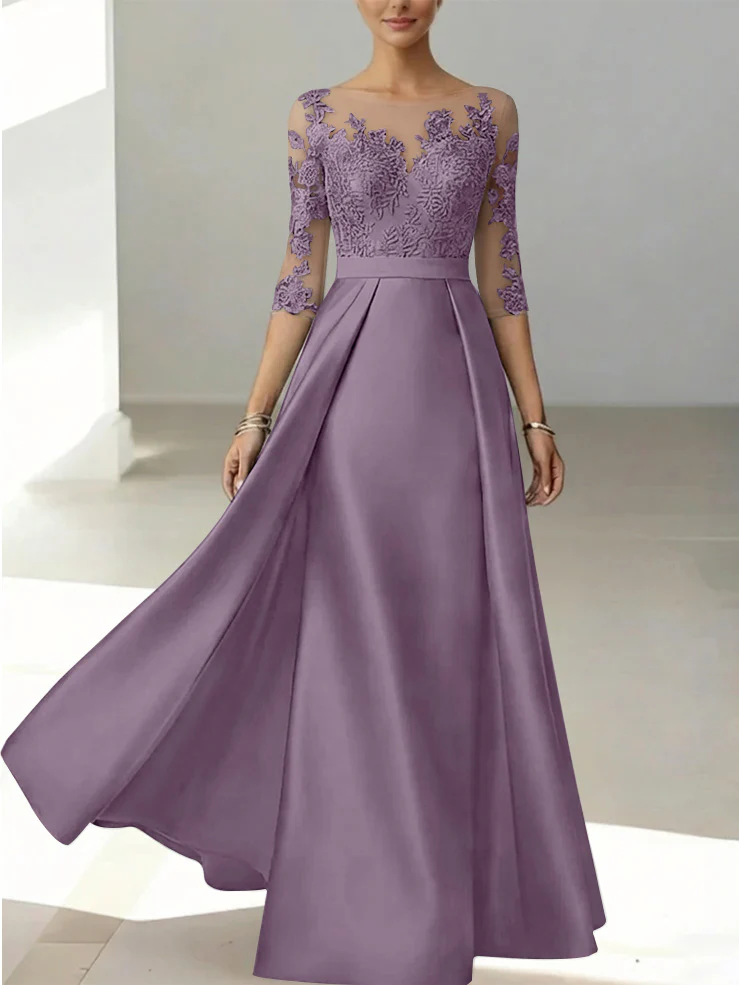 A-Line/Princess Scoop Satin Mother of the Bride Dresses 3/4 Sleeves Lace Floor-Length Floral - Image 57