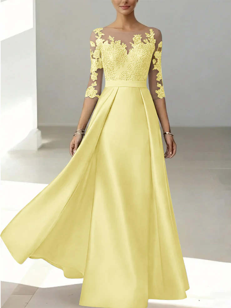 A-Line/Princess Scoop Satin Mother of the Bride Dresses 3/4 Sleeves Lace Floor-Length Floral - Image 58