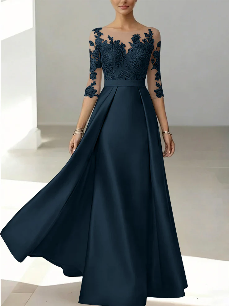 A-Line/Princess Scoop Satin Mother of the Bride Dresses 3/4 Sleeves Lace Floor-Length Floral - Image 6