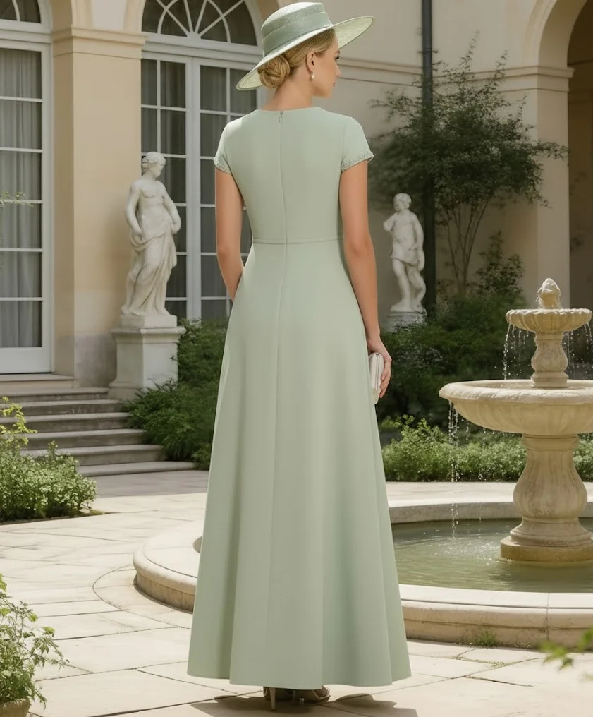 A-Line/Princess Scoop Satin Mother of the Bride Dresses Ankle-Length Short Sleeves Beading - Image 2