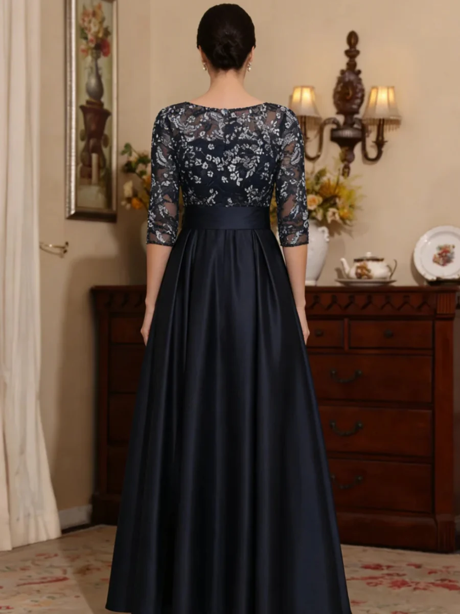 A-Line/Princess Scoop Satin Mother of the Bride Dresses Lace 3/4 Sleeves Ankle-Length Bowknot - Image 2
