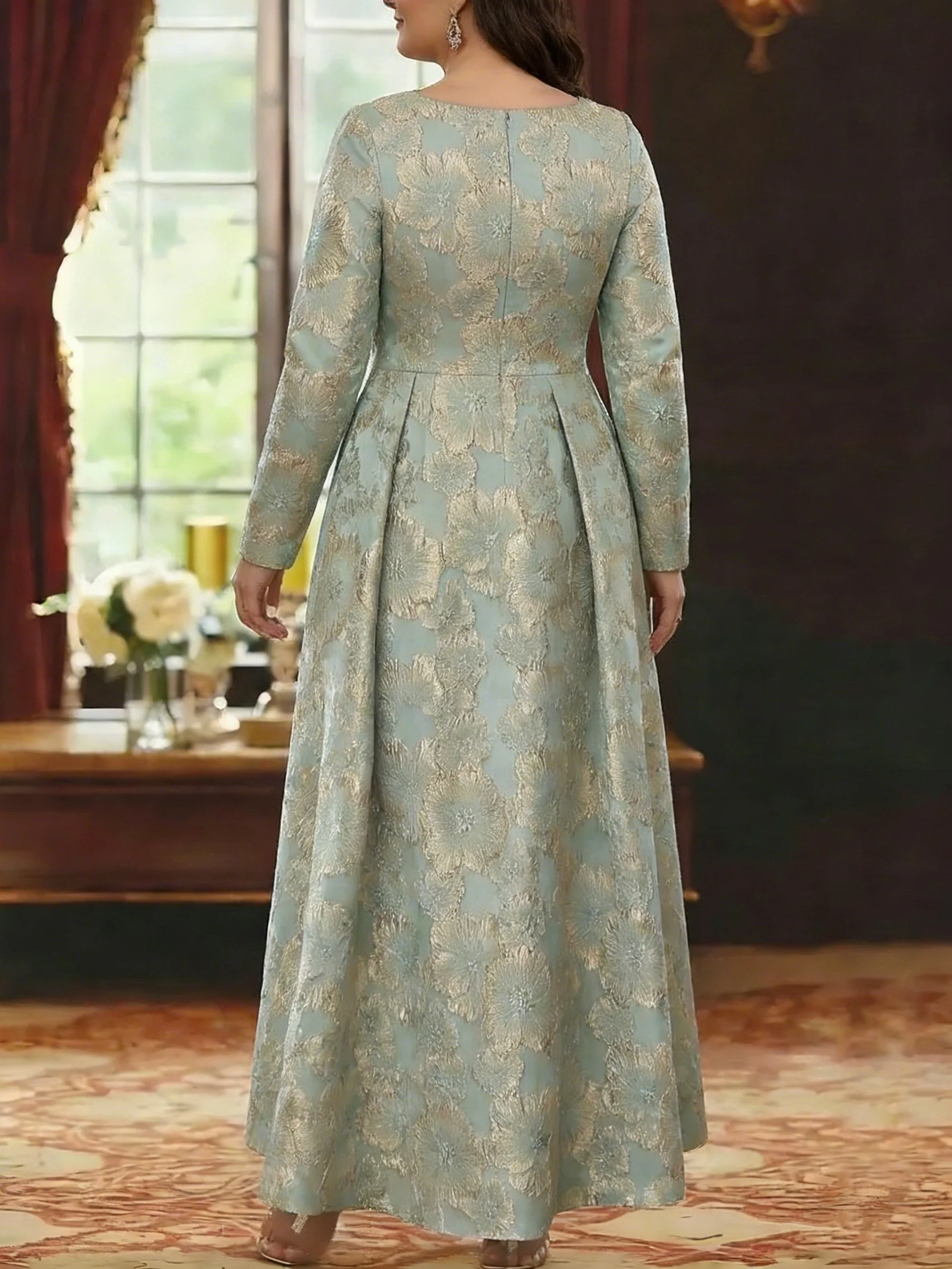 A-Line/Princess Scoop Satin Plus Size Mother of the Bride Dresses 3/4 Sleeves Ankle-Length Floral - Image 2