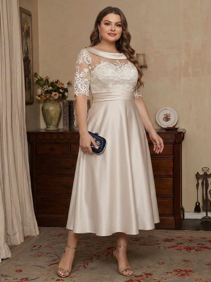 A-Line/Princess Scoop Satin Plus Size Mother of the Bride Dresses Lace Half Sleeves Tea-Length - Image 3