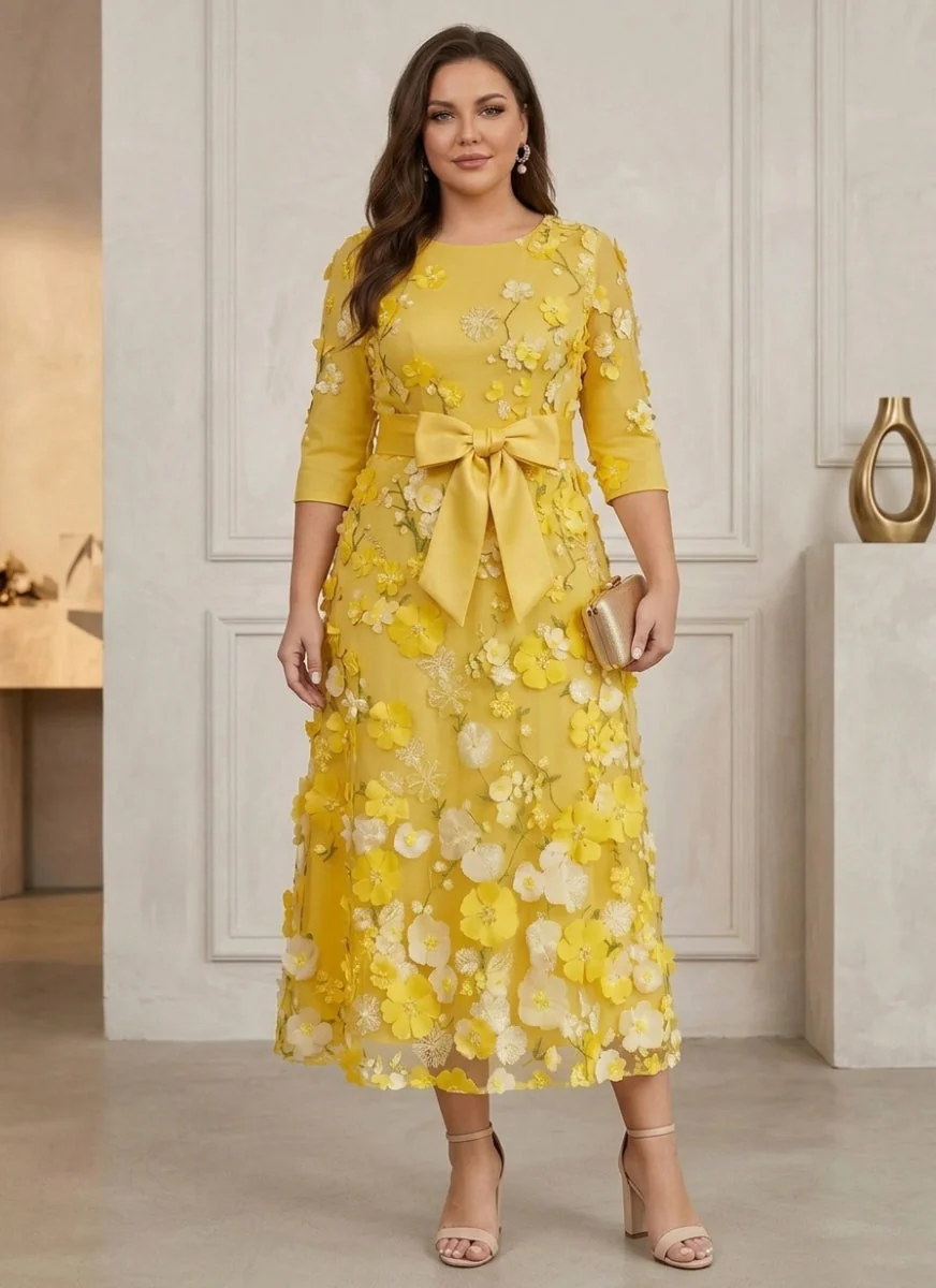 A-Line/Princess Scoop Satin Plus Size Mother of the Bride Dresses with Bowknot Lace Floral 3/4 Sleeves Tea-Length - Image 3