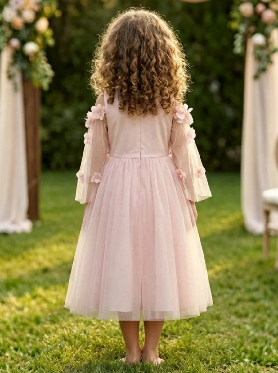 A-Line/Princess Scoop Satin Tulle Flower Girl Dresses Cape Sleeves Tea-Length With 3D Flowers - Image 2