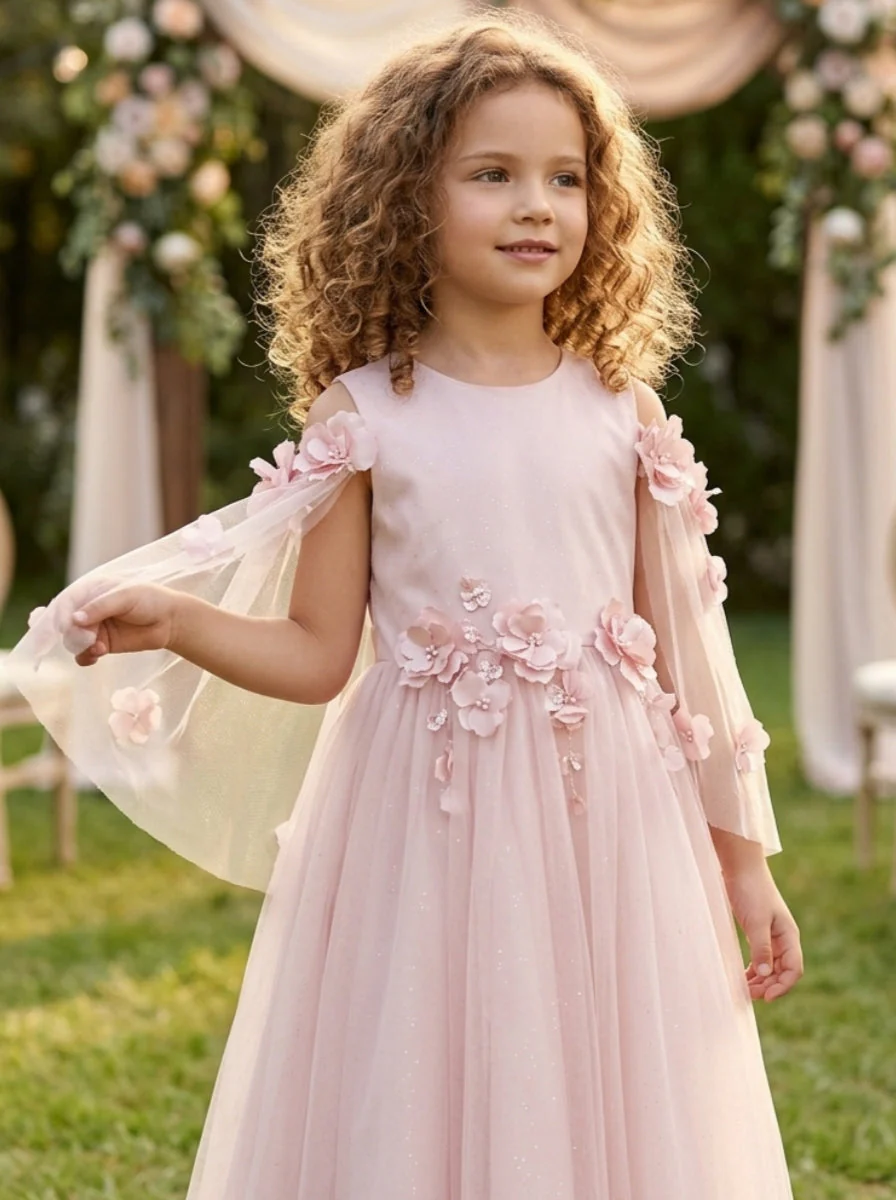 A-Line/Princess Scoop Satin Tulle Flower Girl Dresses Cape Sleeves Tea-Length With 3D Flowers - Image 3