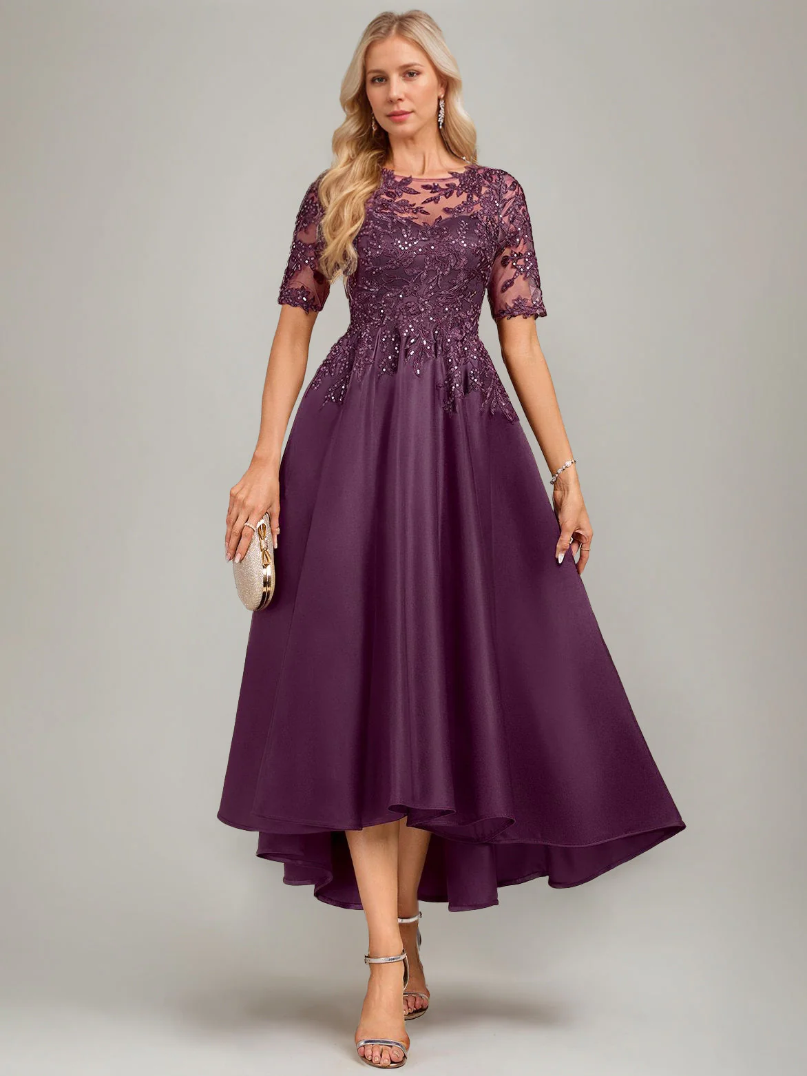 A-Line/Princess Scoop Short Sleeves Asymmetrical Pleated Mother of the Bride Dresses with Lace Appliques & Sequins