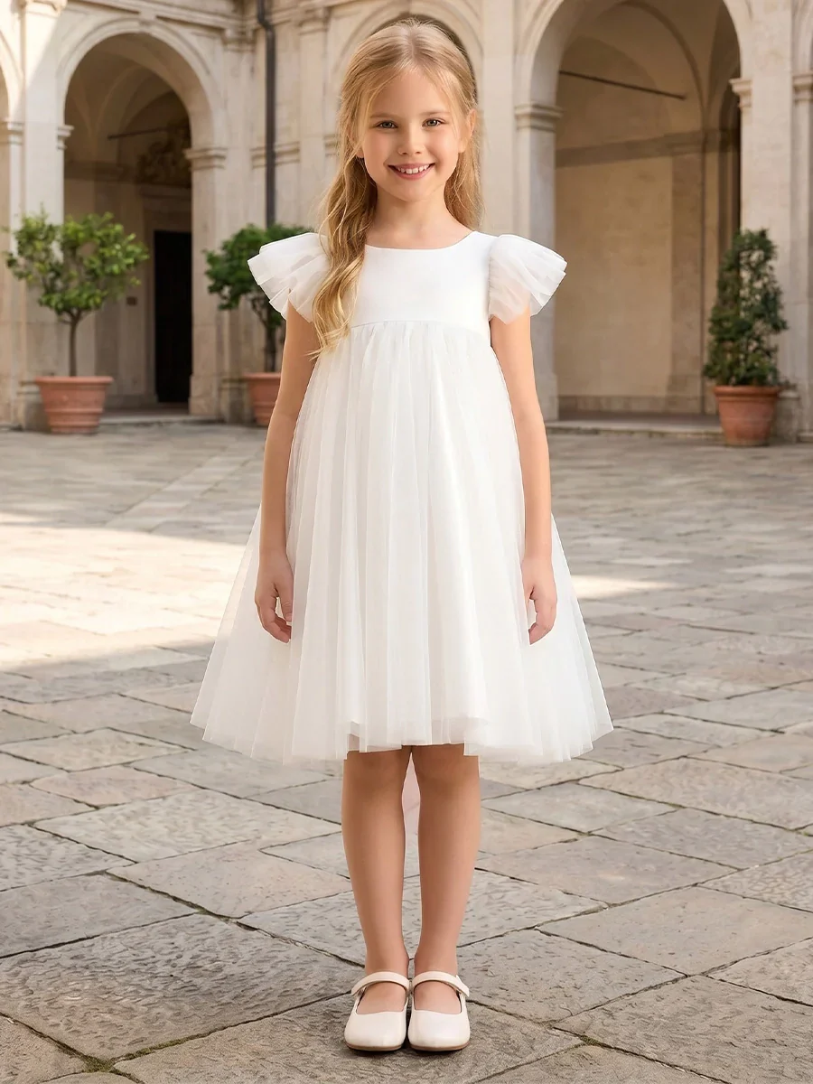 A-Line/Princess Scoop Short Sleeves Knee-Length Flower Girl Dresses Tulle with Bowknot - Image 2