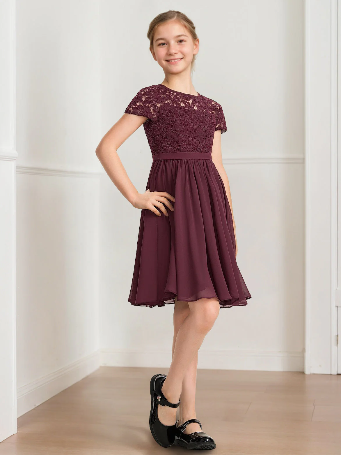 A-Line/Princess Scoop Short Sleeves Knee-Length Pleated Junior Bridesmaid Dresses with Bow Sash - Image 3