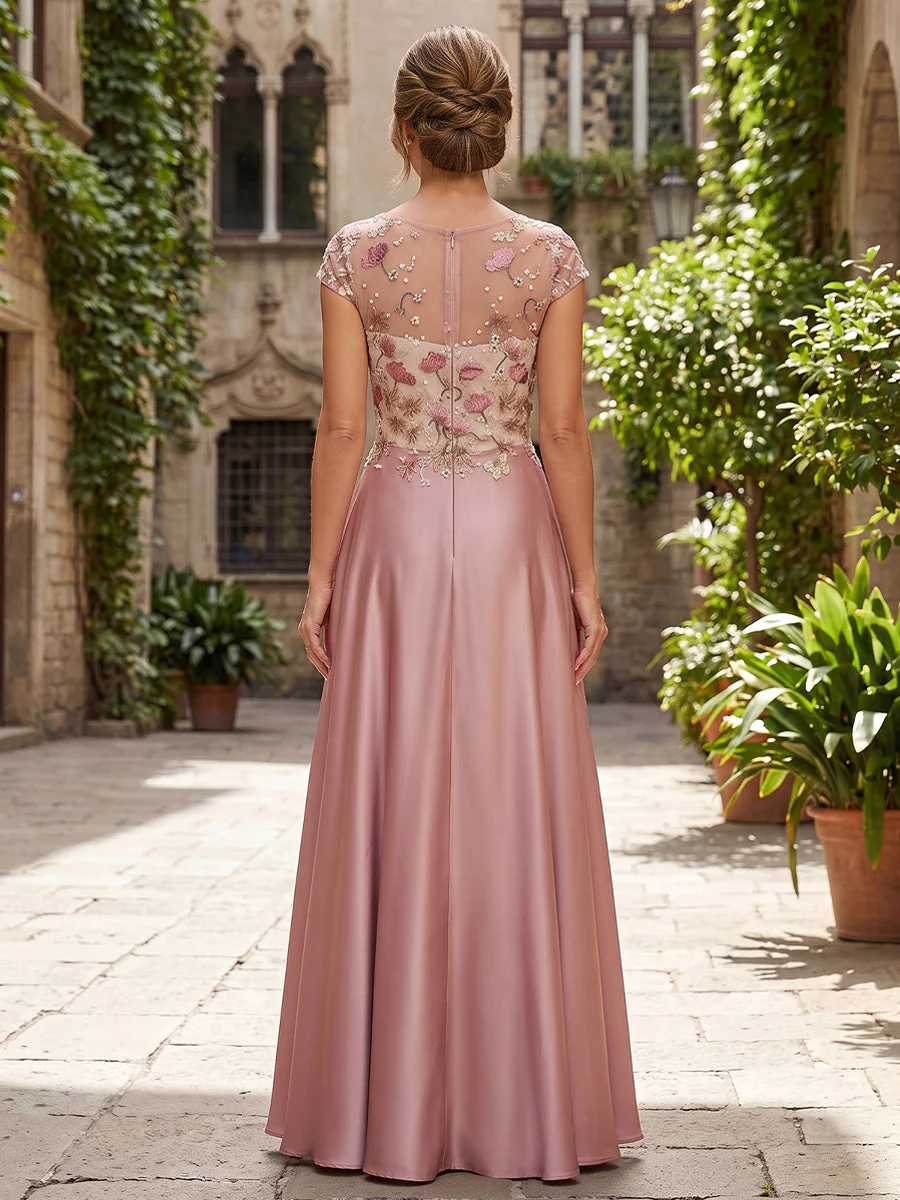 A-Line/Princess Scoop Silk Satin Evening Dresses with Overskirt Floor-Length Cap Sleeves Lace Floral Formal Dresses - Image 2