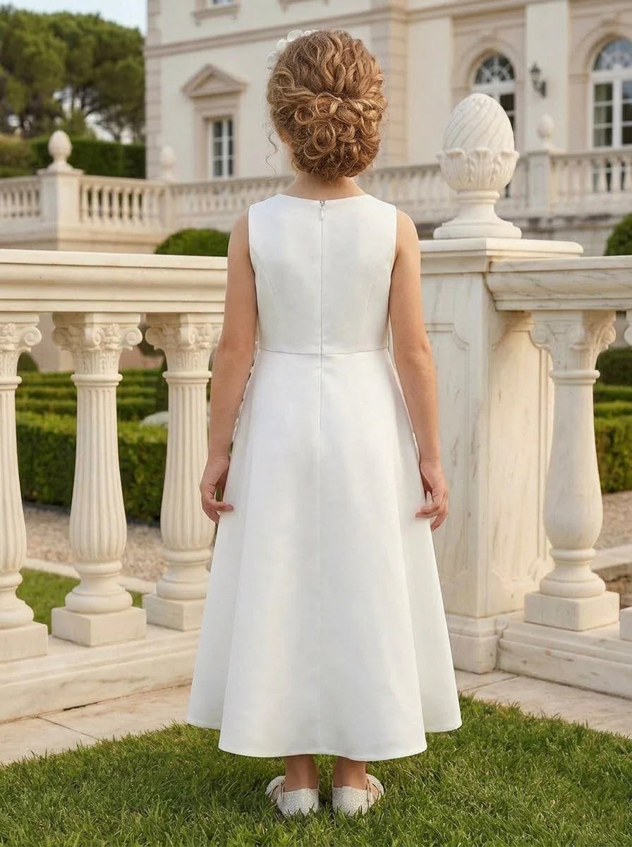A-Line/Princess Scoop Sleeveless Ankle-Length Flower Girl Dresses Stretch Satin With 3D Flowers - Image 2
