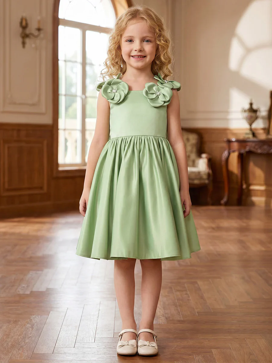 A-Line/Princess Scoop Sleeveless Knee-Length Flower Girl Dresses Satin with Bowknot&3D Flowers - Image 2