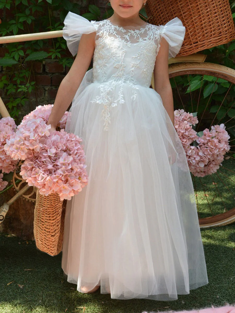A-Line/Princess Scoop Sleeveless Luxurious Flower Girl Dress With Appliques & Watteau Train - Image 2