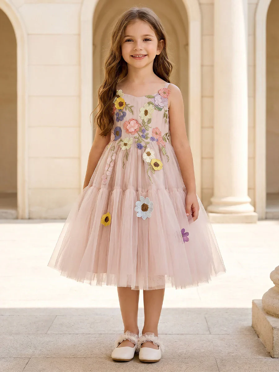 A-Line/Princess Scoop Sleeveless Tea-Length Flower Girl Dresses Tulle Floral
