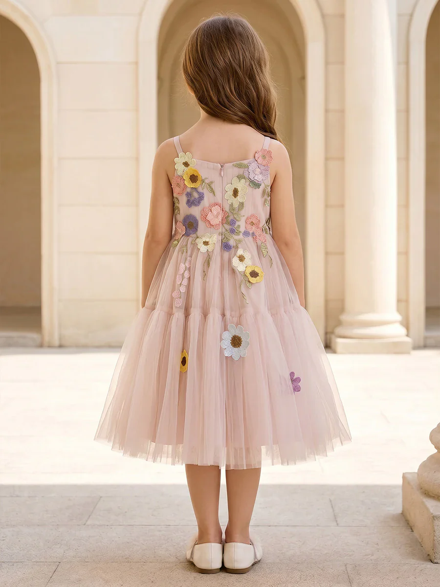 A-Line/Princess Scoop Sleeveless Tea-Length Flower Girl Dresses Tulle Floral - Image 2