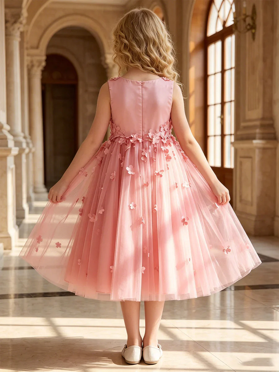 A-Line/Princess Scoop Sleeveless Tea-Length Flower Girl Dresses with 3D Flowers - Image 2
