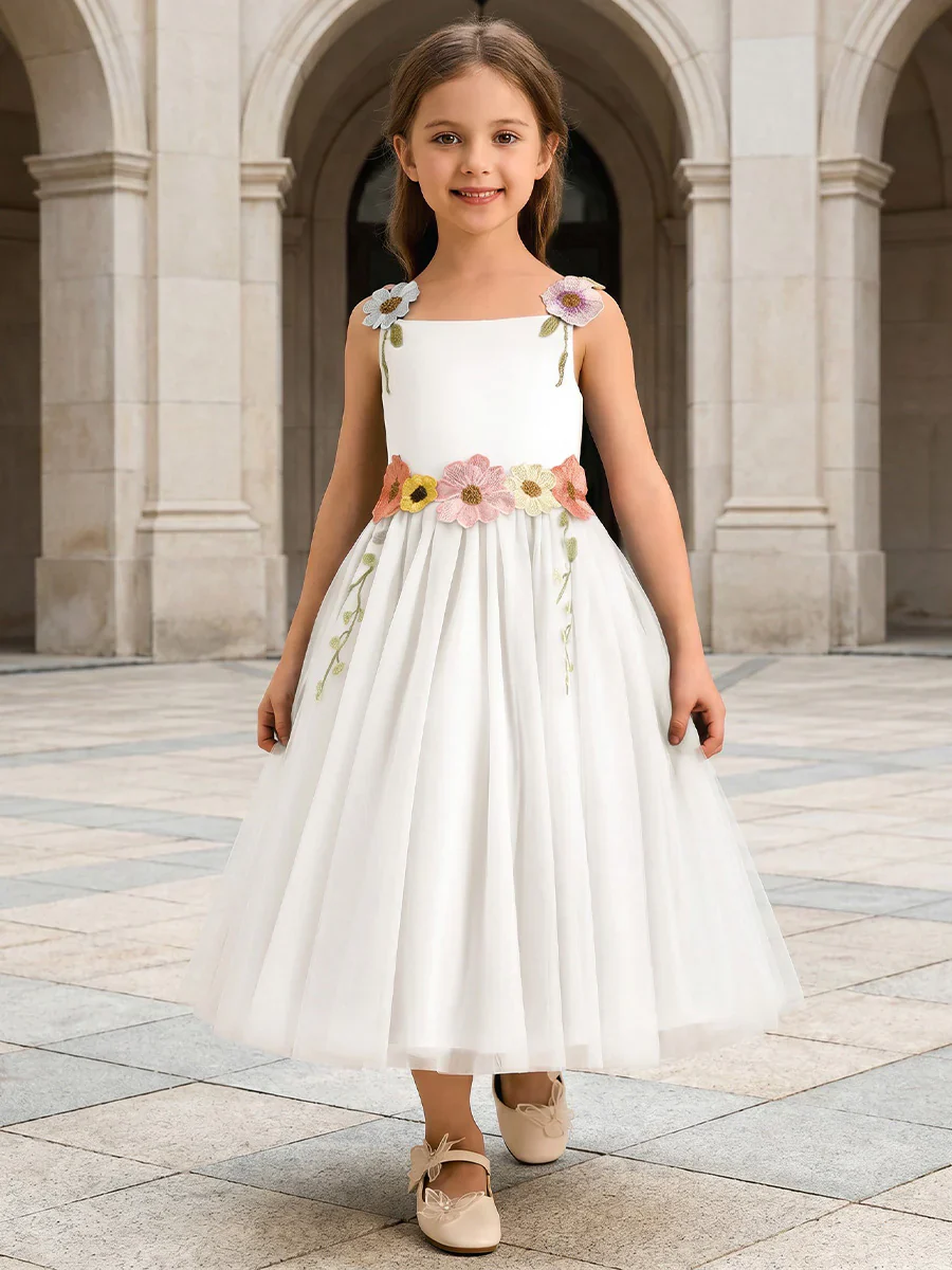 A-Line/Princess Scoop Sleeveless Tea-Length Flower Girl Dresses with 3D Flowers
