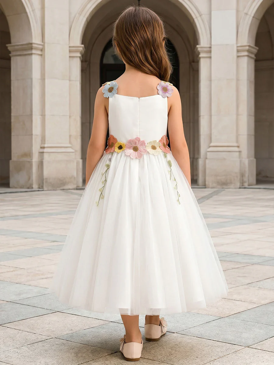 A-Line/Princess Scoop Sleeveless Tea-Length Flower Girl Dresses with 3D Flowers - Image 2