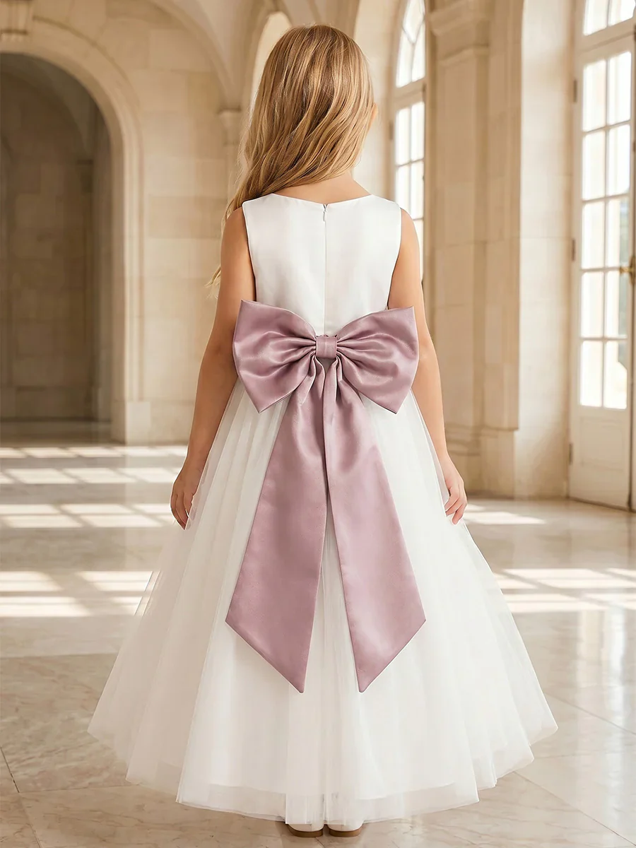 A-Line/Princess Scoop Sleeveless Tea-Length Flower Girl Dresses with Bowknot - Image 2