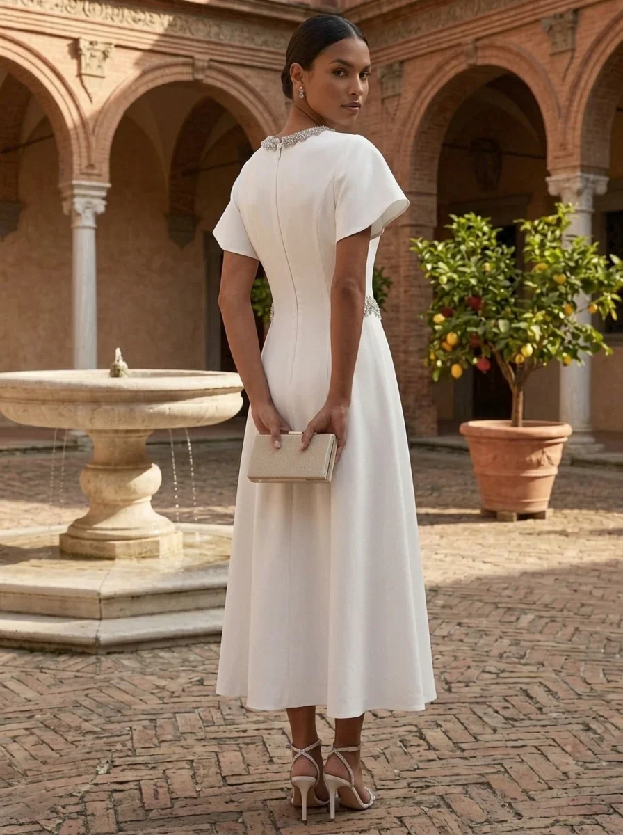 A-Line/Princess Scoop Stretch Satin Cocktail Dresses Tea-Length Short Sleeves Little White Dresses Rhinestone Party Dresses - Image 2