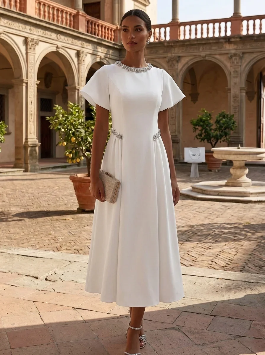 A-Line/Princess Scoop Stretch Satin Cocktail Dresses Tea-Length Short Sleeves Little White Dresses Rhinestone Party Dresses - Image 3