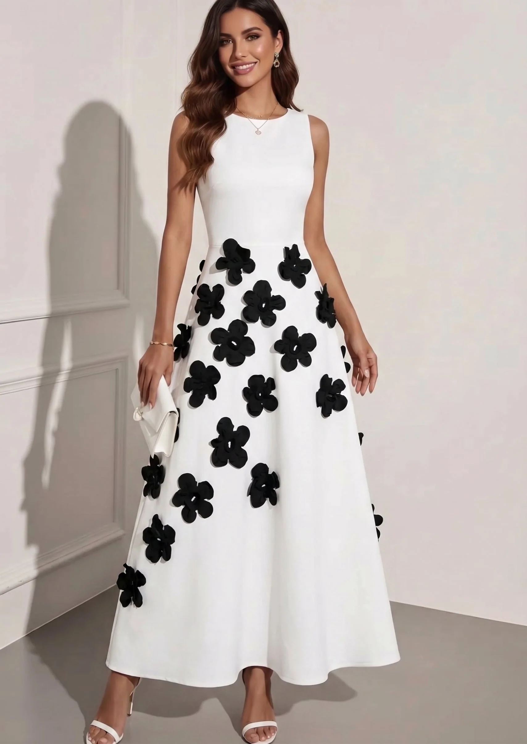 A-Line/Princess Scoop Stretch Satin Cocktail Dresses with 3D Flower Ankle-Length Sleeveless Formal Dresses