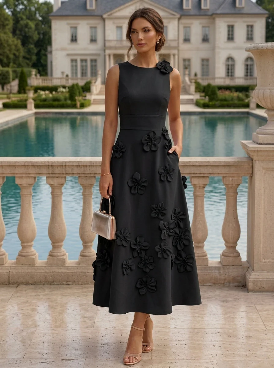 A-Line/Princess Scoop Stretch Satin Cocktail Dresses with 3D Flowers Sleeveless Tea-Length Formal Dresses - Image 3