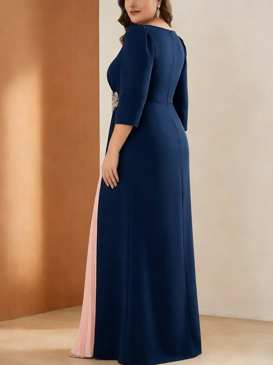A-Line/Princess Scoop Stretch Satin Plus Size Mother of the Bride Dresses 3/4 Sleeves Floor-Length Pleated - Image 2