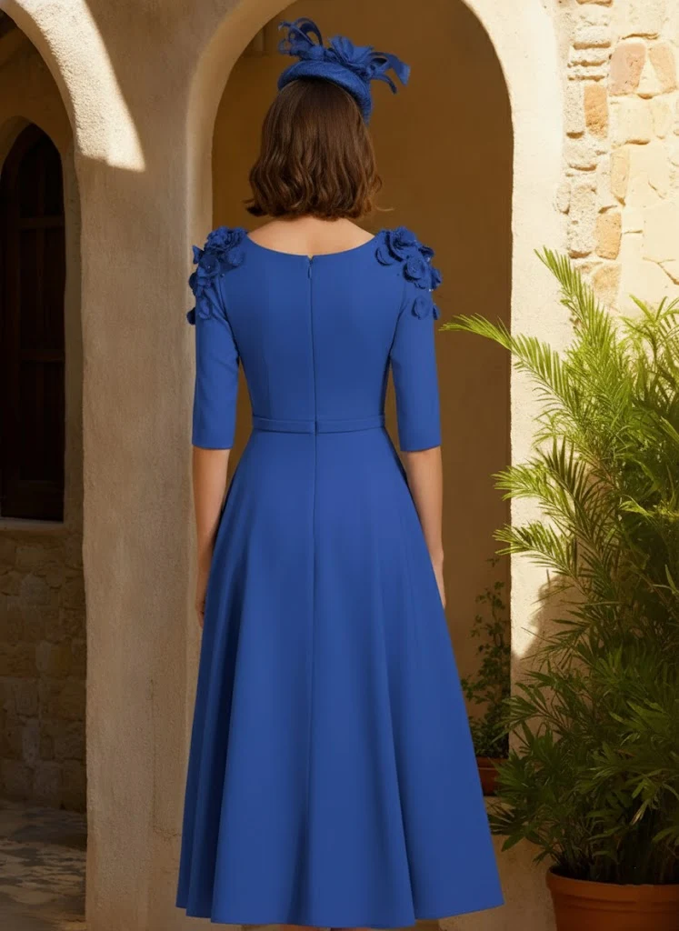 A-Line/Princess Scoop Tea-Length Chic Mother of the Bride Dresses with 3D Flower - Image 2