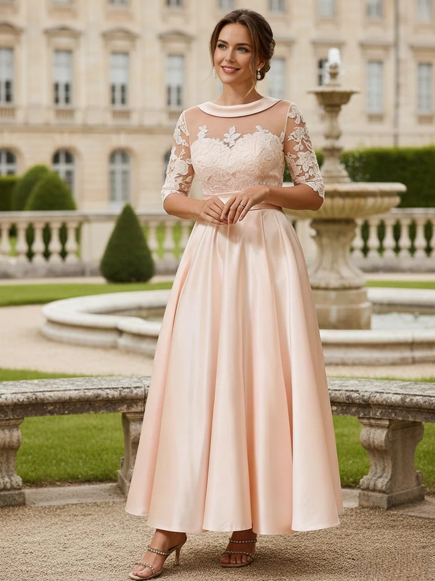 A-Line/Princess Scoop Tea-Length Half Sleeves Mother of the Bride Dresses with Lace - Image 2