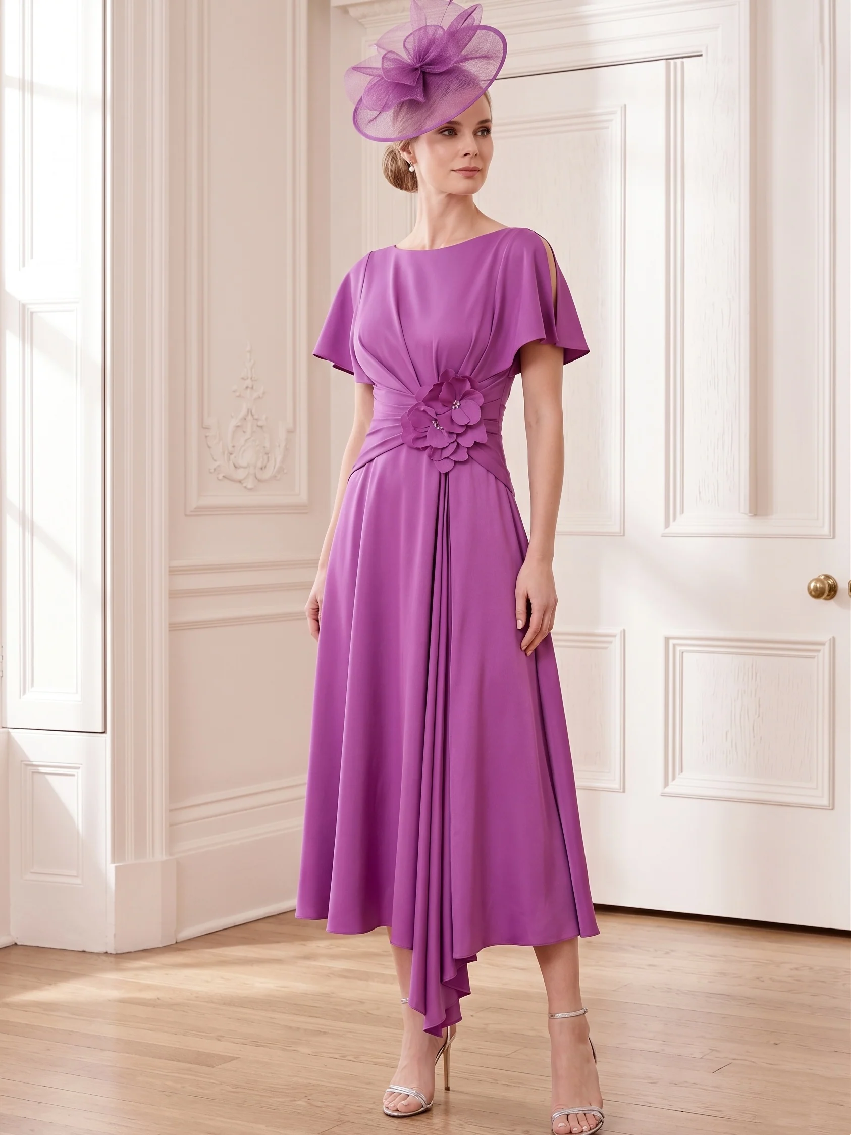 A-Line/Princess Scoop Tea-Length Short Sleeves Mother of the Bride Dresses with 3D Flowers - Image 3