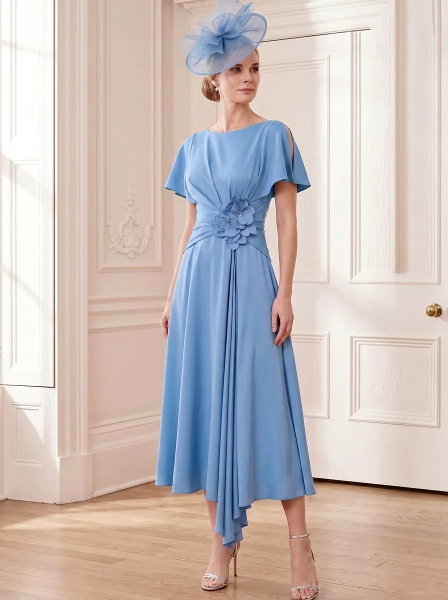 A-Line/Princess Scoop Tea-Length Short Sleeves Mother of the Bride Dresses with 3D Flowers - Image 4
