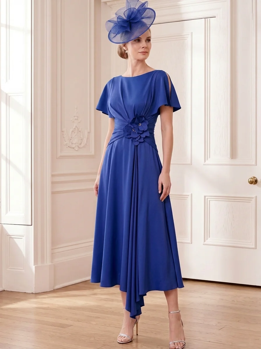 A-Line/Princess Scoop Tea-Length Short Sleeves Mother of the Bride Dresses with 3D Flowers - Image 5
